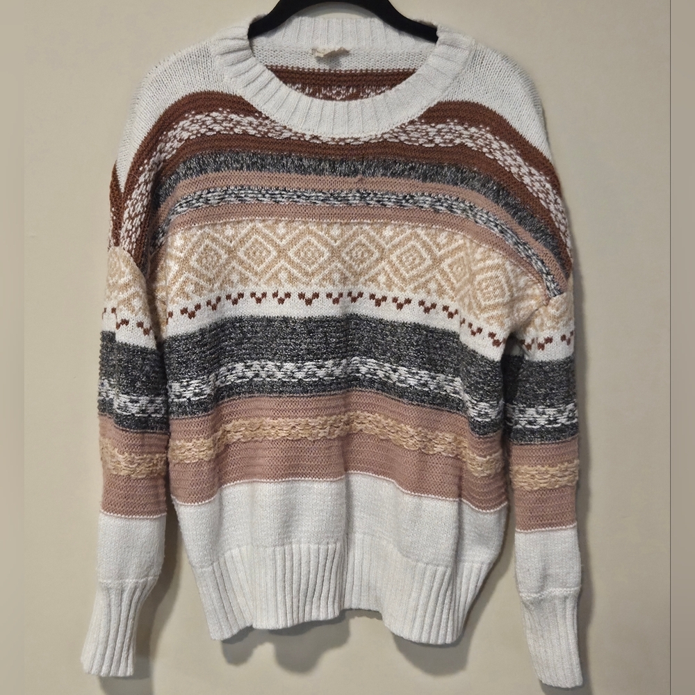 Hem & Thread Women's Striped Knit Sweater - Cream, Brown, Gray Size Small